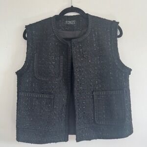 Navy Black Tweed Boucle Vest Soutache Braid Trim Metallic Shimmer Sleeveless L